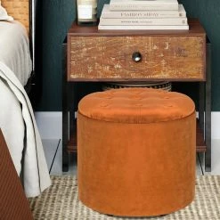 Best Pirce 👏 Adeco Round Storage Ottoman Velvet Footrest Stool With Removable Lid Orange 🎁 -Adeco Shop Adeco Round Storage Ottoman Velvet Footrest Stool With Removable Lid 12