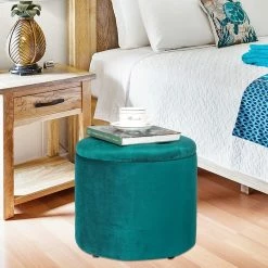 Best Pirce 👏 Adeco Round Storage Ottoman Velvet Footrest Stool With Removable Lid Orange 🎁