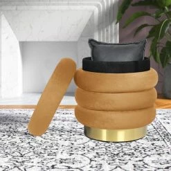 Discount ✔️ Adeco Round Storage Ottoman With Removable Lid, Vanity Velvet Footrest ⌛