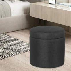 Deals 👍 Adeco Round Storage Ottoman, Fabric Stool Footrest With Removable Lid Black 👍 -Adeco Shop Adeco Round Storage Ottoman2C Fabric Stool Footrest with Removable Lid 13