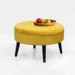 Hot Sale 🤩 Adeco Carrington Juttersbo Round Tufted Fabric Ottoman Yellow 😉 -Adeco Shop Adeco Round Tufted Fabric Ottoman Foot Rest Footstool 23x23x14.5 Inch2C Sunset Yellow