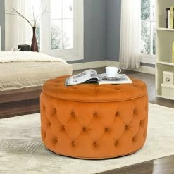 Wholesale 💯 Adeco Round Velvet Button Tufted Storage Ottoman, Footrest Footstool Orange ⭐