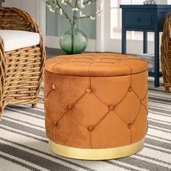 Best Pirce 😀 Adeco Round Velvet Multi-Function Vanity Footstool Storage Ottoman Orange 💯
