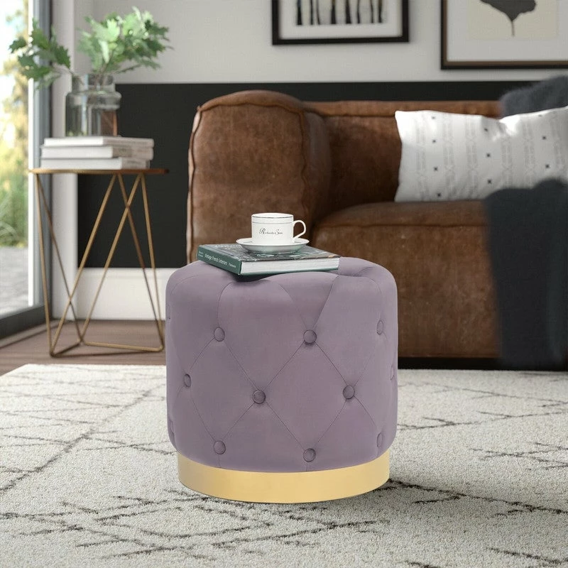 Promo 😀 Adeco Round Velvet Ottoman Button Tufted Footstool Gold Plating Base 😍 4 Promo 😀 Adeco Round Velvet Ottoman Button Tufted Footstool Gold Plating Base 😍 - Image 2