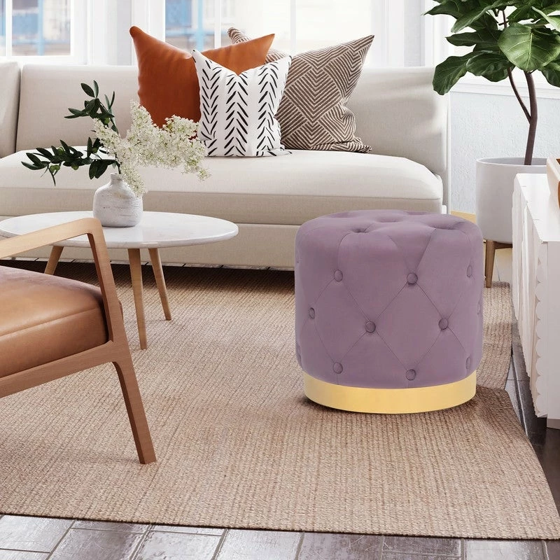 Promo 😀 Adeco Round Velvet Ottoman Button Tufted Footstool Gold Plating Base 😍 6 Promo 😀 Adeco Round Velvet Ottoman Button Tufted Footstool Gold Plating Base 😍 - Image 4