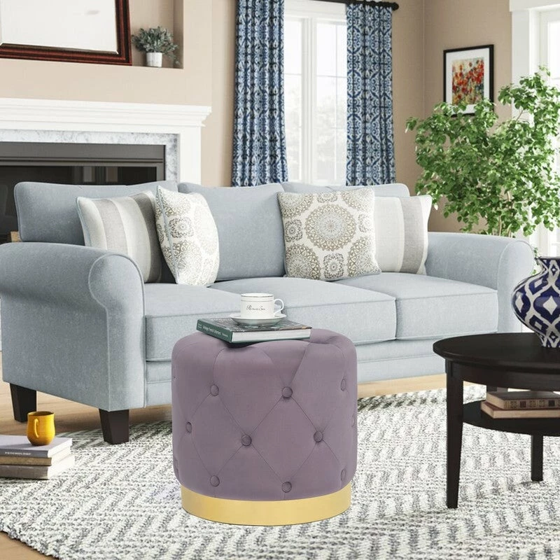 Promo 😀 Adeco Round Velvet Ottoman Button Tufted Footstool Gold Plating Base 😍 8 Promo 😀 Adeco Round Velvet Ottoman Button Tufted Footstool Gold Plating Base 😍 - Image 6