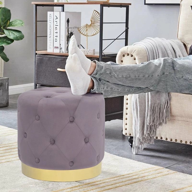 Promo 😀 Adeco Round Velvet Ottoman Button Tufted Footstool Gold Plating Base 😍 9 Promo 😀 Adeco Round Velvet Ottoman Button Tufted Footstool Gold Plating Base 😍 - Image 7