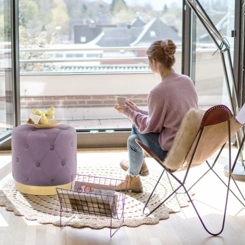 Promo 😀 Adeco Round Velvet Ottoman Button Tufted Footstool Gold Plating Base 😍 10 Promo 😀 Adeco Round Velvet Ottoman Button Tufted Footstool Gold Plating Base 😍 - Image 8