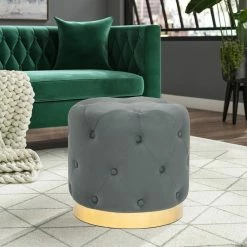 Budget 😉 Adeco Round Velvet Ottoman Vanity Footrest Stool Gold Plating Base Green 🛒 -Adeco Shop Adeco Round Velvet Ottoman Vanity Footrest Stool Gold Plating Base 5