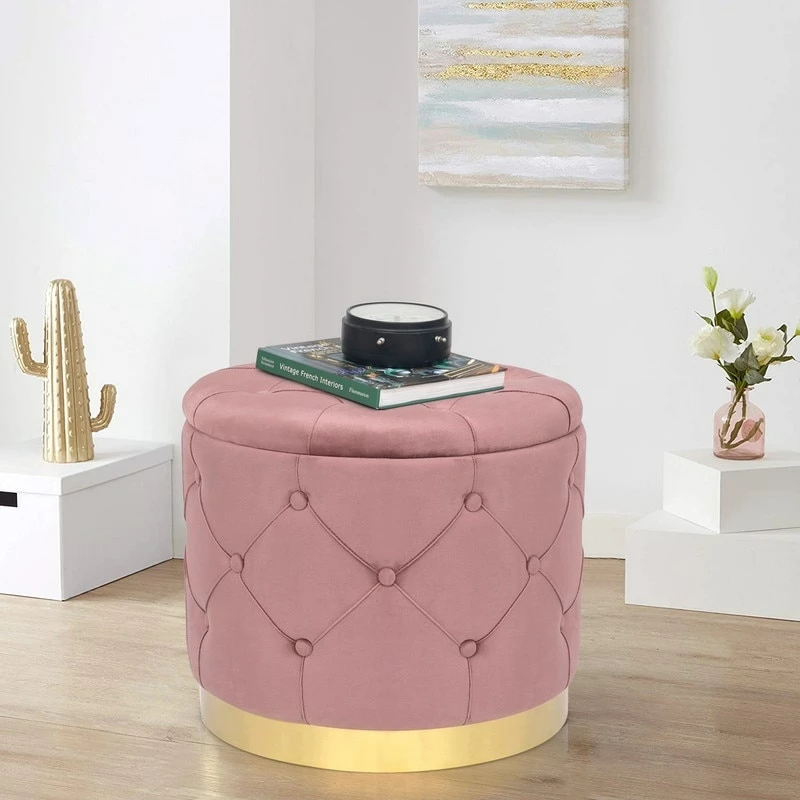 Best Sale 💯 Adeco Round Velvet Storage Ottoman Multi-Function Vanity Footstool Pink ❤️ 4 Best Sale 💯 Adeco Round Velvet Storage Ottoman Multi-Function Vanity Footstool Pink ❤️ - Image 2