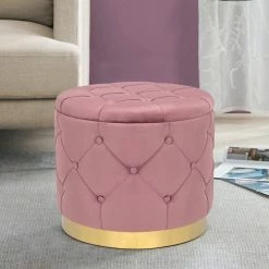 Best Sale 💯 Adeco Round Velvet Storage Ottoman Multi-Function Vanity Footstool Pink ❤️