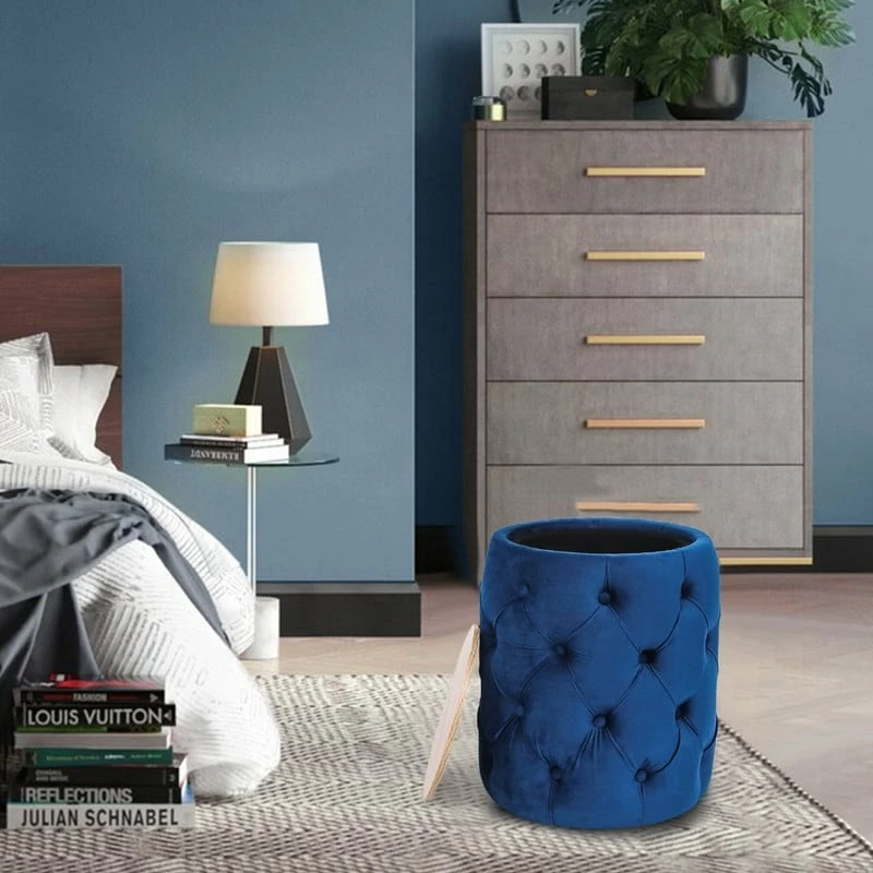 Coupon 🛒 Adeco Round Velvet Storage Ottoman Removable Wooden Lid Coffee Table Blue 🥰 4 Coupon 🛒 Adeco Round Velvet Storage Ottoman Removable Wooden Lid Coffee Table Blue 🥰 - Image 2