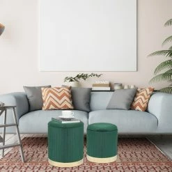 Brand new ❤️ Adeco Round Velvet Storage Ottoman Vanity Stool Footstool (Pack Of 2) Grey 🥰 -Adeco Shop Adeco Round Velvet Storage Ottoman Vanity Stool Footstool 28Pack of 229 2