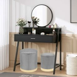 Brand new ❤️ Adeco Round Velvet Storage Ottoman Vanity Stool Footstool (Pack Of 2) Grey 🥰 -Adeco Shop Adeco Round Velvet Storage Ottoman Vanity Stool Footstool 28Pack of 229 4