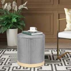Brand new ❤️ Adeco Round Velvet Storage Ottoman Vanity Stool Footstool (Pack Of 2) Grey 🥰 -Adeco Shop Adeco Round Velvet Storage Ottoman Vanity Stool Rest Stool 28Pack of 229 4