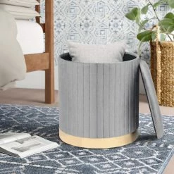 Brand new ❤️ Adeco Round Velvet Storage Ottoman Vanity Stool Footstool (Pack Of 2) Grey 🥰 -Adeco Shop Adeco Round Velvet Storage Ottoman Vanity Stool Rest Stool 28Pack of 229 5