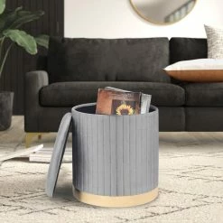 Brand new ❤️ Adeco Round Velvet Storage Ottoman Vanity Stool Footstool (Pack Of 2) Grey 🥰 -Adeco Shop Adeco Round Velvet Storage Ottoman Vanity Stool Rest Stool 28Pack of 229 6