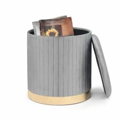 Brand new ❤️ Adeco Round Velvet Storage Ottoman Vanity Stool Footstool (Pack Of 2) Grey 🥰 -Adeco Shop Adeco Round Velvet Storage Ottoman Vanity Stool Rest Stool 28Pack of 229 9