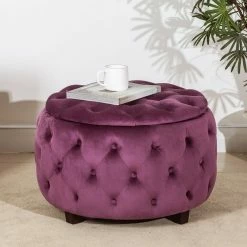 Outlet ⭐ Adeco Round Velvet Storage Ottoman, Button Tufted Footrest Stool Purple ⭐ -Adeco Shop Adeco Round Velvet Storage Ottoman2C Button Tufted Footrest Stool 15