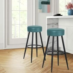 Brand new 🥰 Adeco Set Of 2 Bar Stools, Round Counter Height Stools With Footrest Blue ⌛ -Adeco Shop Adeco Set of 2 Bar Stools2C Round Counter Height Stools with Footrest 11