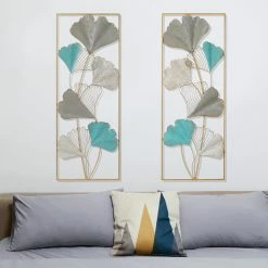Hot Sale 🔥 Adeco Set Of 2 Ginkgo Leaves Metal Wall Decor With Gold Frame ❤️