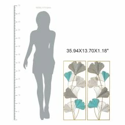 Hot Sale 🔥 Adeco Set Of 2 Ginkgo Leaves Metal Wall Decor With Gold Frame ❤️ -Adeco Shop Adeco Set of 2 Metal Wall Decor with Gold Frame Teal Blue Ginkgo Leaves 3
