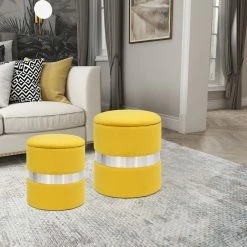 Coupon ✨ Adeco Set Of 2 Velvet Storage Ottoman Round Foot Stool Metal Band Yellow 🌟 -Adeco Shop Adeco Set of 2 Velvet Storage Ottoman Round Foot Stool Metal Band 14