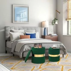 Coupon ✨ Adeco Set Of 2 Velvet Storage Ottoman Round Foot Stool Metal Band Yellow 🌟 -Adeco Shop Adeco Set of 2 Velvet Storage Ottoman Round Foot Stool Metal Band 9