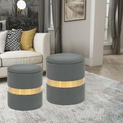 Coupon โ Adeco Set Of 2 Velvet Storage Round Ottoman Foot Stool Metal Band Grey ๐ 26 Coupon โ Adeco Set Of 2 Velvet Storage Round Ottoman Foot Stool Metal Band Grey ๐ -Adeco Shop Adeco Set of 2 Velvet Storage Round Ottoman Foot Stool Metal Band 9