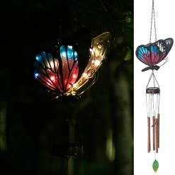 Outlet 👏 Adeco Solar Wind Chimes For Outside Metal Butterfly LED Hanging Solar Lights Blue 🧨 -Adeco Shop Adeco Solar Wind Chimes for Outside Metal Butterfly LED Hanging Solar Lights 2