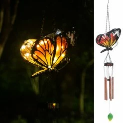 Outlet 👏 Adeco Solar Wind Chimes For Outside Metal Butterfly LED Hanging Solar Lights Blue 🧨