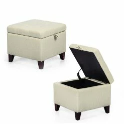 Outlet 🛒 Adeco Square Fabric Storage Ottoman With Tufted Flip Top 😉 -Adeco Shop Adeco Square Fabric Storage Ottoman with Tufted Flip Top2C 18x18x152C Rice White 1