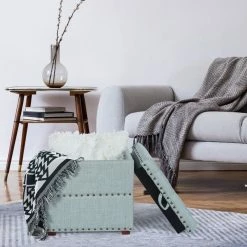Hot Sale 🌟 Adeco Square Linen Storage Ottoman Tufted Fabric Footstool With Rivets 😀