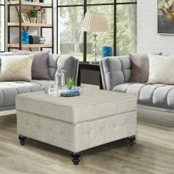 Promo 😍 Adeco Square Storage Ottoman Bench, Button-Tufted Hinged Lid Beige 👍