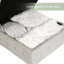 Promo 😍 Adeco Square Storage Ottoman Bench, Button-Tufted Hinged Lid Beige 👍 -Adeco Shop Adeco Square Storage Ottoman Bench2C Button Tufted Hinged Lid 4
