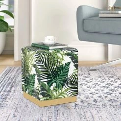 Brand new 🎉 Adeco Square Velvet Ottoman Upholstered Stool Vanity Gold Plating Base Palm ⭐