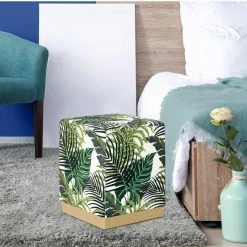 Brand new 🎉 Adeco Square Velvet Ottoman Upholstered Stool Vanity Gold Plating Base Palm ⭐ -Adeco Shop Adeco Square Velvet Ottoman Upholstered Stool Vanity Gold Plating Base 3