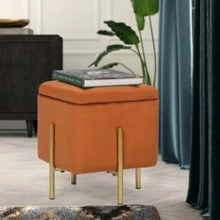 Promo ⭐ Adeco Square Velvet Storage Ottoman Multi-Function Vanity Footrest Orange 🌟