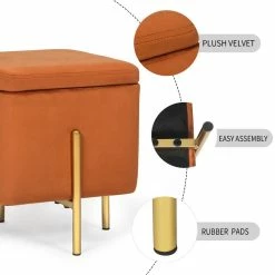 Promo ⭐ Adeco Square Velvet Storage Ottoman Multi-Function Vanity Footrest Orange 🌟 -Adeco Shop Adeco Square Velvet Storage Ottoman Multi Function Vanity Footrest 7