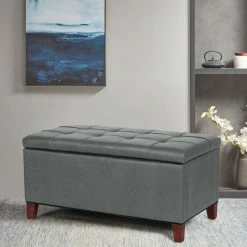 Buy 🔔 Adeco Storage Ottoman Bench Rectangular PU Leather Assembly Required Blue ✨ -Adeco Shop Adeco Storage Ottoman Bench Rectangular PU Leather Assembly Required 10