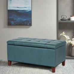 Buy 🔔 Adeco Storage Ottoman Bench Rectangular PU Leather Assembly Required Blue ✨