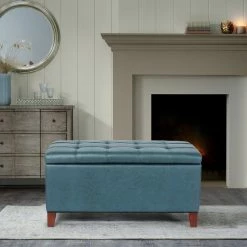 Buy 🔔 Adeco Storage Ottoman Bench Rectangular PU Leather Assembly Required Blue ✨ -Adeco Shop Adeco Storage Ottoman Bench Rectangular PU Leather Assembly Required 3