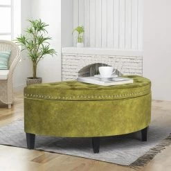 Hot Sale 🌟 Adeco Storage Ottoman Tufted Half Moon Bench Green ✨ -Adeco Shop Adeco Storage Ottoman Bench Tufted Half Moon Bench for Entryway Living Room 1
