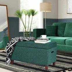 Buy 😀 Adeco Storage Ottoman Fabric Upholstered Bench Hinged Lid Footrest Blue 👍