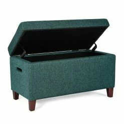 Buy 😀 Adeco Storage Ottoman Fabric Upholstered Bench Hinged Lid Footrest Blue 👍 -Adeco Shop Adeco Storage Ottoman Fabric Upholstered Bench Hinged Lid Footrest 3