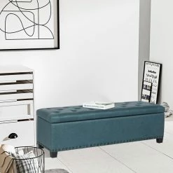 Cheapest ✔️ Adeco Storage Ottoman Faux Leather Button Tufted Bench Rectangle Footrest Blue 🤩 -Adeco Shop Adeco Storage Ottoman Faux Leather Button Tufted Bench Rectangle Footrest 2