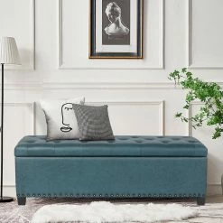 Cheapest ✔️ Adeco Storage Ottoman Faux Leather Button Tufted Bench Rectangle Footrest Blue 🤩