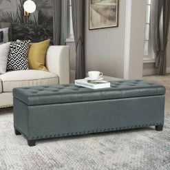 Cheapest ✔️ Adeco Storage Ottoman Faux Leather Button Tufted Bench Rectangle Footrest Blue 🤩 -Adeco Shop Adeco Storage Ottoman Faux Leather Button Tufted Bench Rectangle Footrest 8