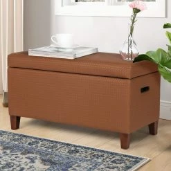 Promo 🛒 Adeco Storage Ottoman Faux Leather Weaving Footrest Stool Long Bench Brown 🤩