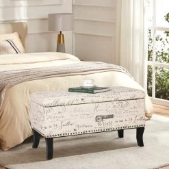 Brand new ✨ Adeco Storage Ottoman Script Printed Linen Fabric Assembly Required 👏 -Adeco Shop Adeco Storage Ottoman Script Printed Linen Fabric Assembly Required 2